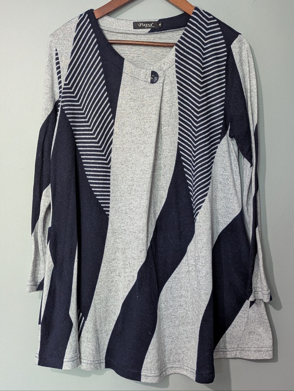 Papa Vancouver Women's‎ Black Gray Geometric Stripe Tunic Long Sleeve Lagenlook